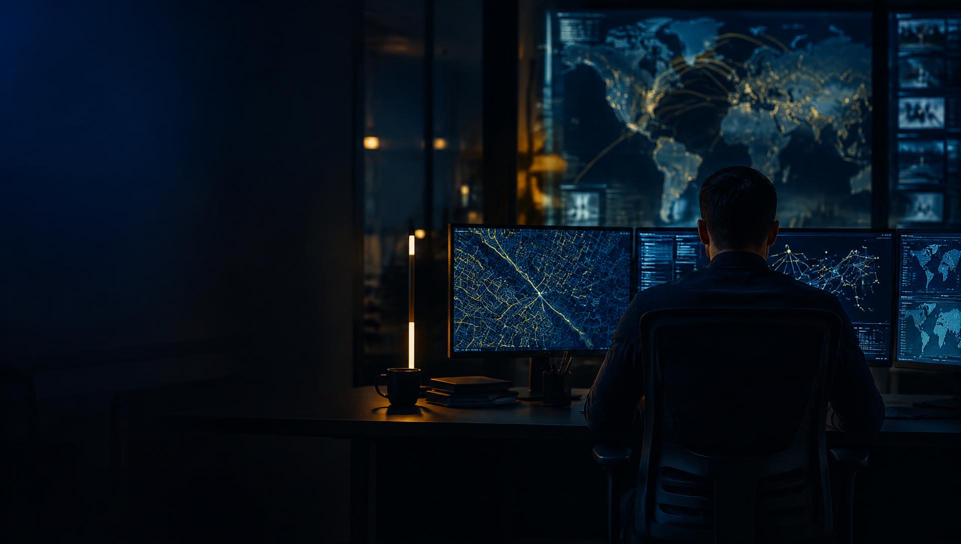 Investigator working at a multi-monitor intelligence workstation